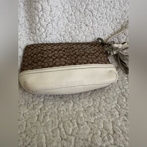 Coach Brown Signature Canvas and Cream Leather Wristlet with Tassel